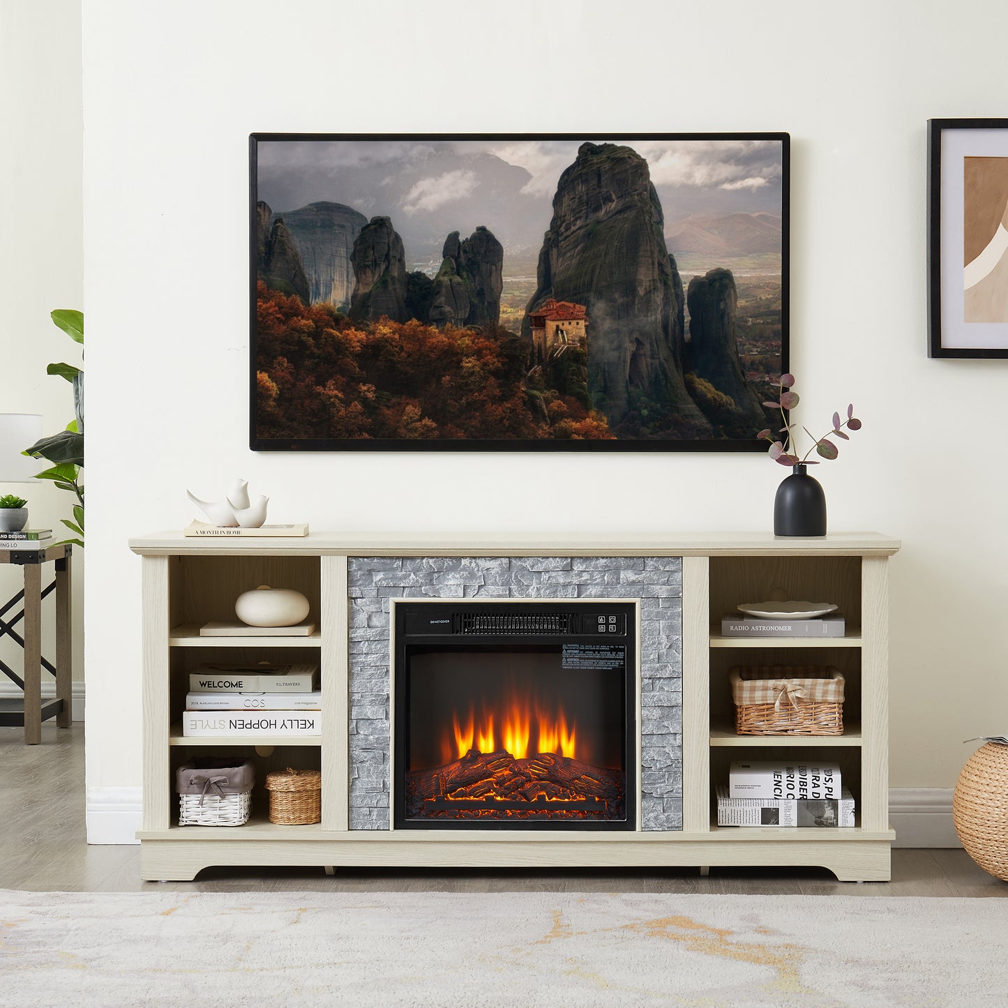 Mantel electric fireplace stone TV media stand, open storage console space, with 18 inch fireplace insert, white