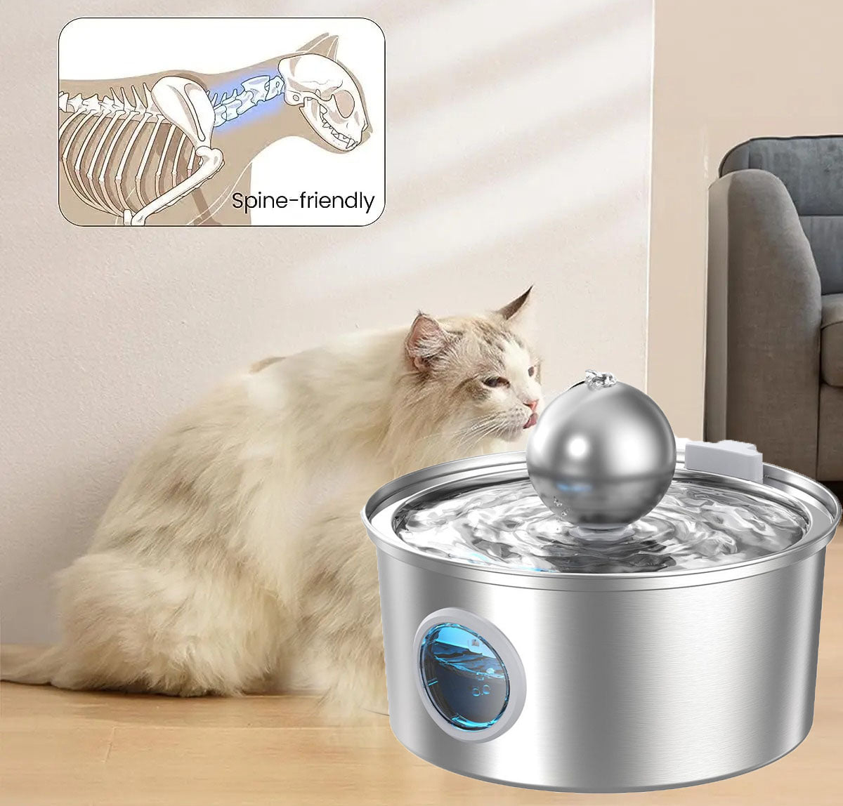 Stainless steel pet water dispenser, circular runway type, large capacity LED cat and dog water dispenser