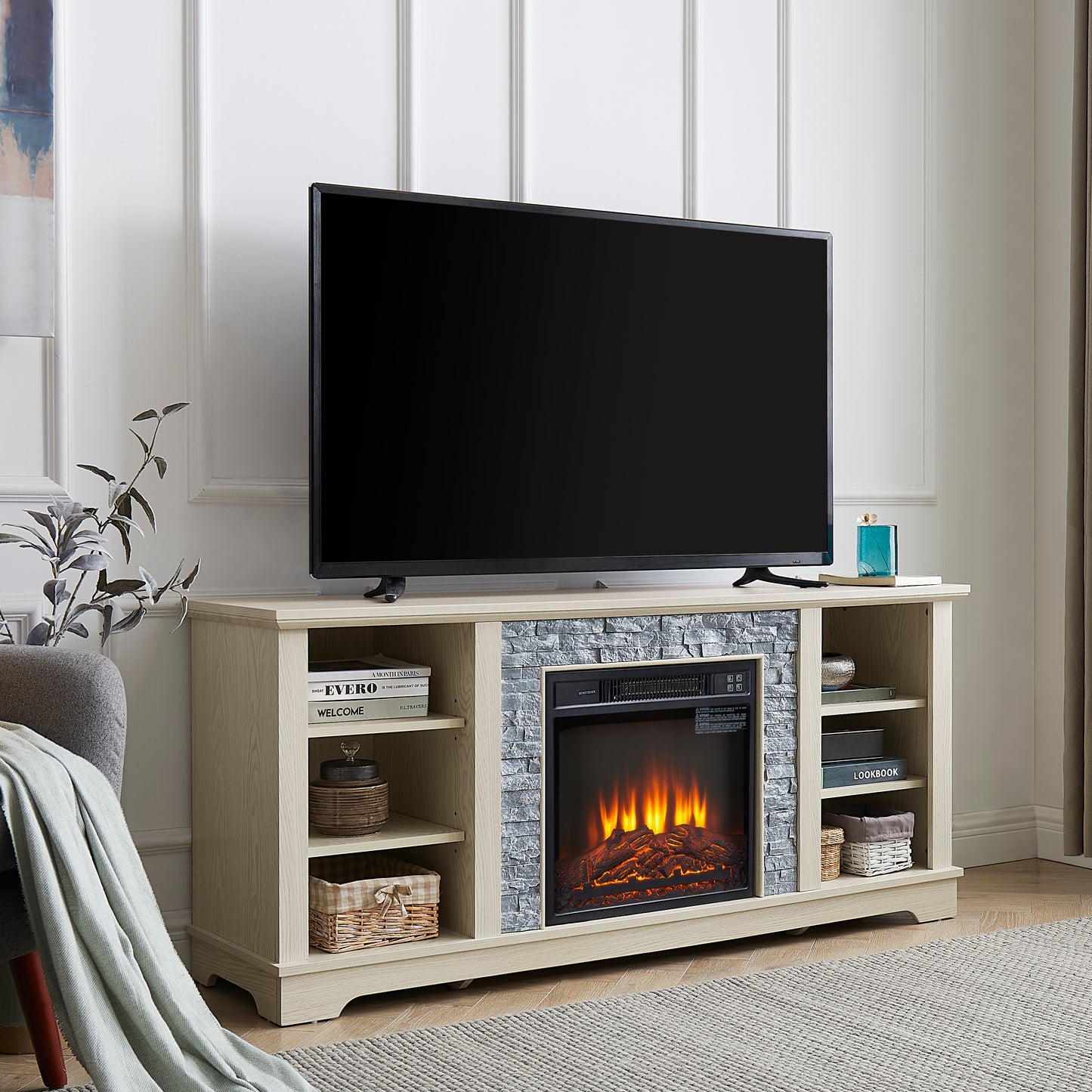 Mantel electric fireplace stone TV media stand, open storage console space, with 18 inch fireplace insert, white