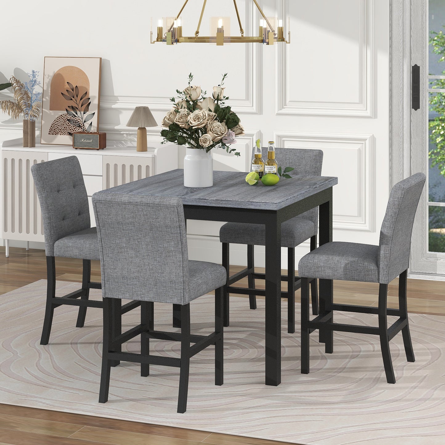 TOPMAX 5-piece cabinet dining table set, wooden square dining table and chairs, and 4 soft cushioned high back chairs in black