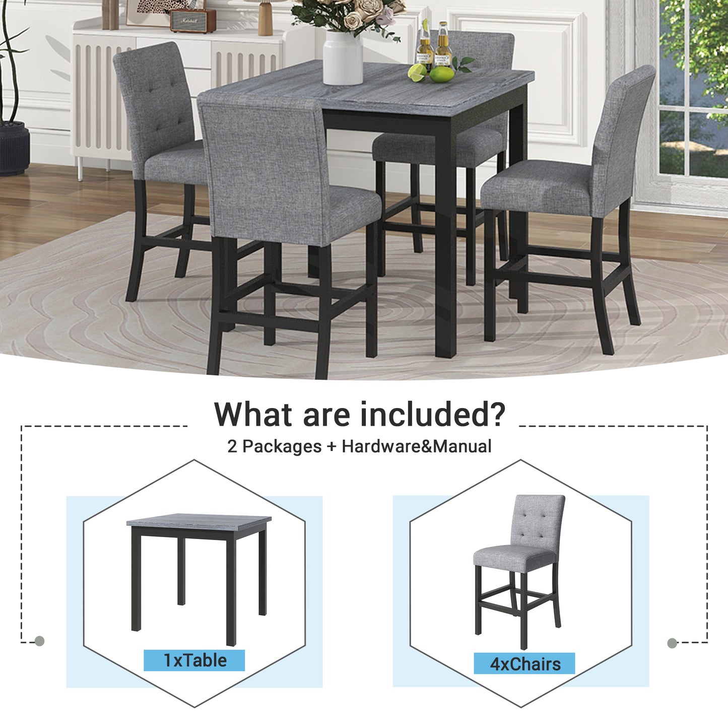 TOPMAX 5-piece cabinet dining table set, wooden square dining table and chairs, and 4 soft cushioned high back chairs in black