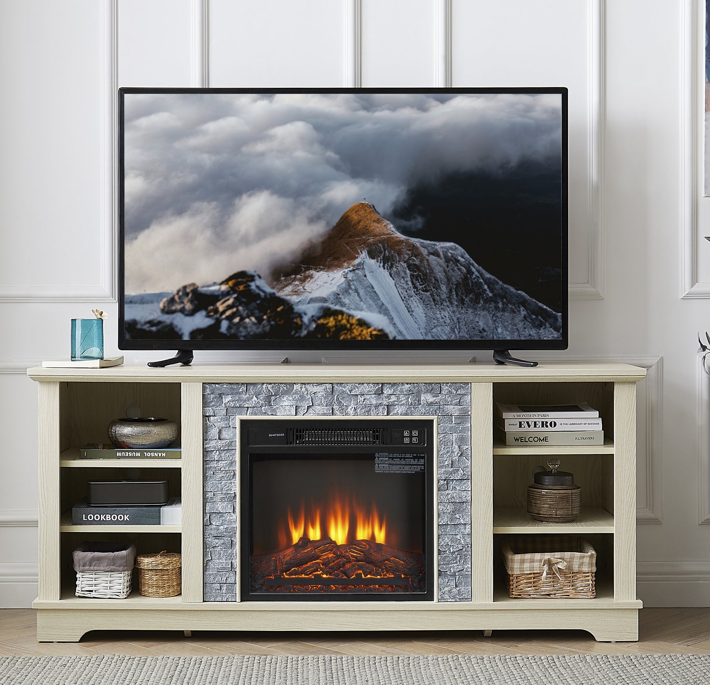 Mantel electric fireplace stone TV media stand, open storage console space, with 18 inch fireplace insert, white