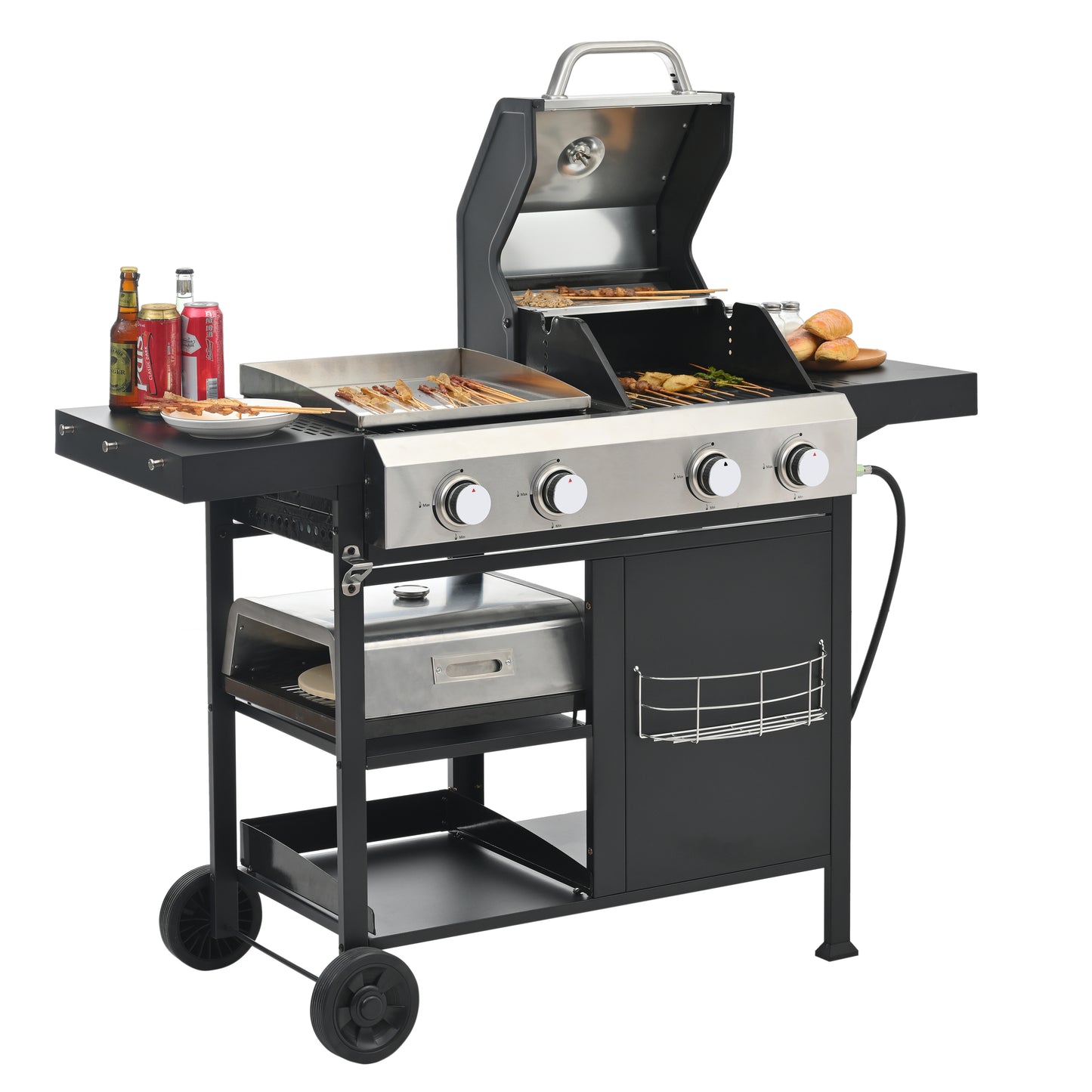 2+2 multifunctional gas barbecue grill and covered grill combination for outdoor cooking - barbecue, barbecue, pizza.