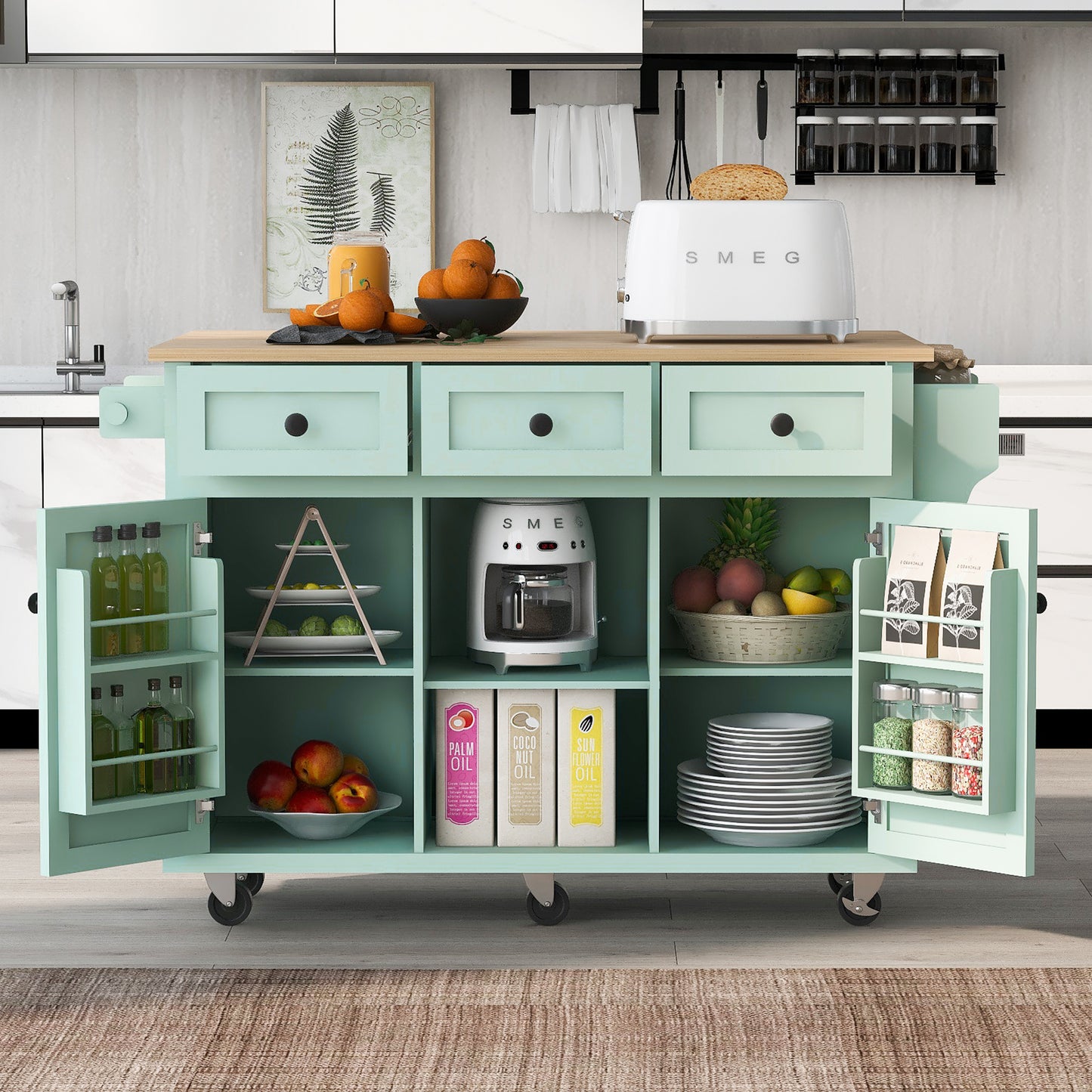 Kitchen trolley, cabinet door internal storage rack with storage cabinet and 3 dining room drawers, mint green