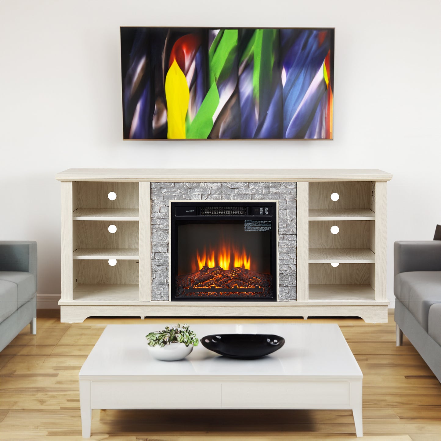 Mantel electric fireplace stone TV media stand, open storage console space, with 18 inch fireplace insert, white