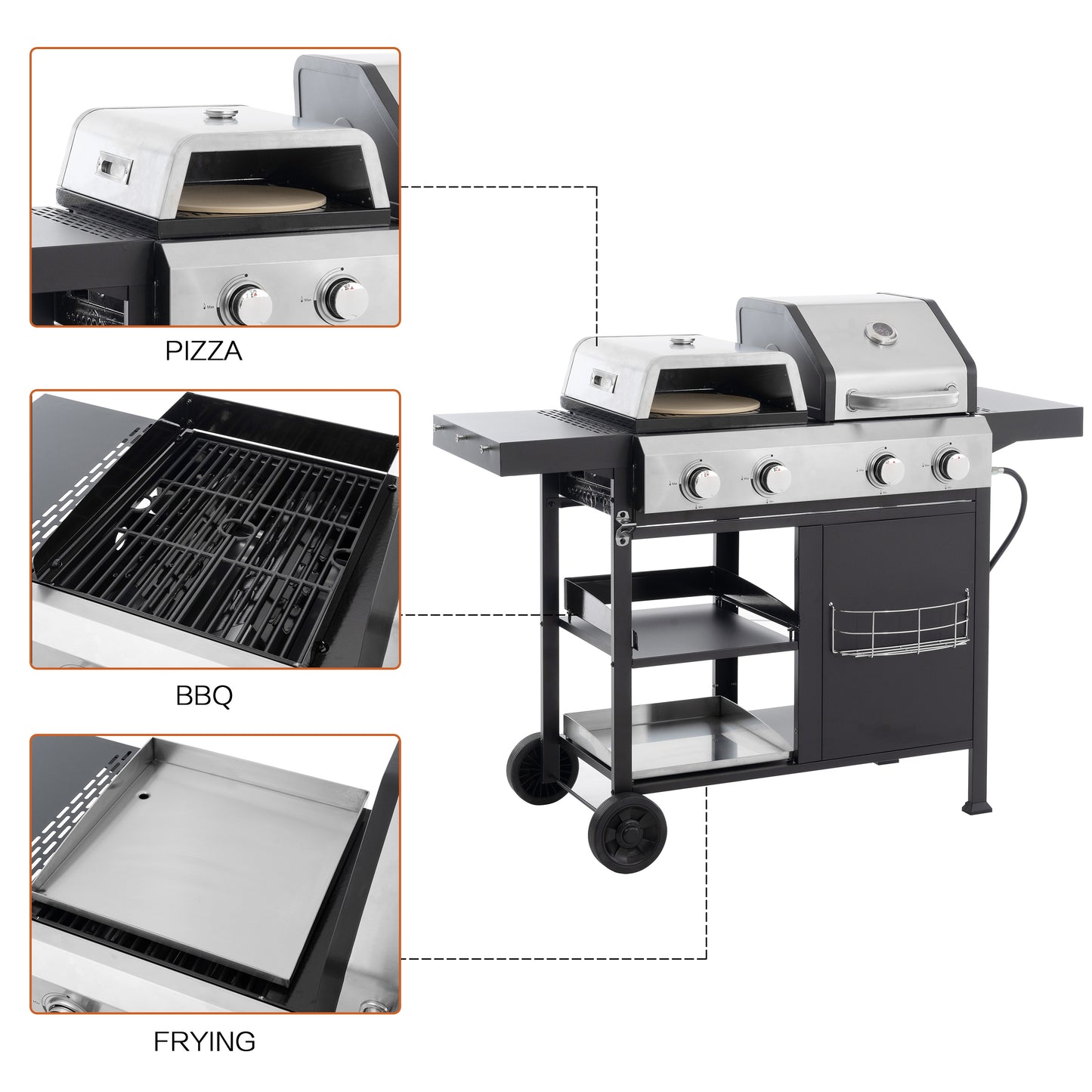 2+2 multifunctional gas barbecue grill and covered grill combination for outdoor cooking - barbecue, barbecue, pizza.