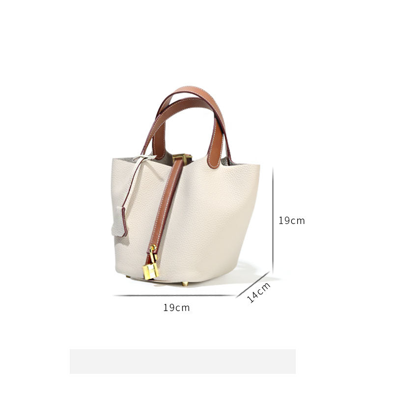 New leather women's bag classic fashion vegetable basket bag simple first layer cowhide bucket bag lock hand bag