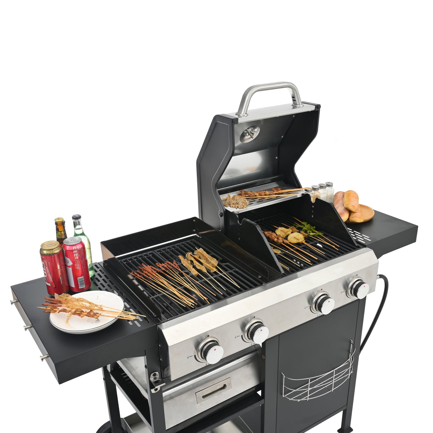 2+2 multifunctional gas barbecue grill and covered grill combination for outdoor cooking - barbecue, barbecue, pizza.