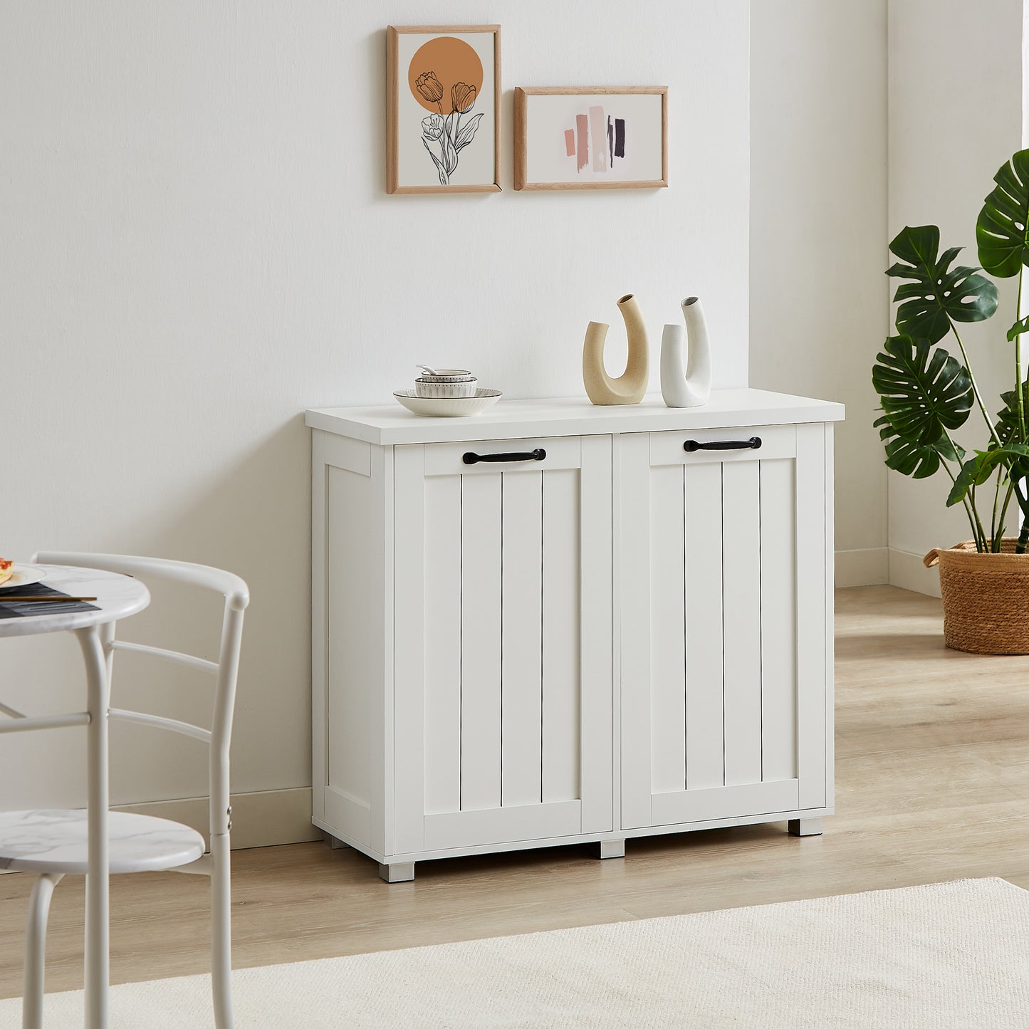 Two room inclined garbage bin, anti pet kitchen garbage bin with cutting board, independent laundry sorting cabinet, white