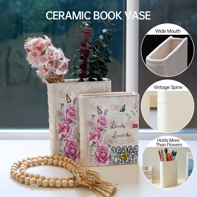 Book Vase - Ceramic, Cute & for Home Decor, with Flower & Shelf Options