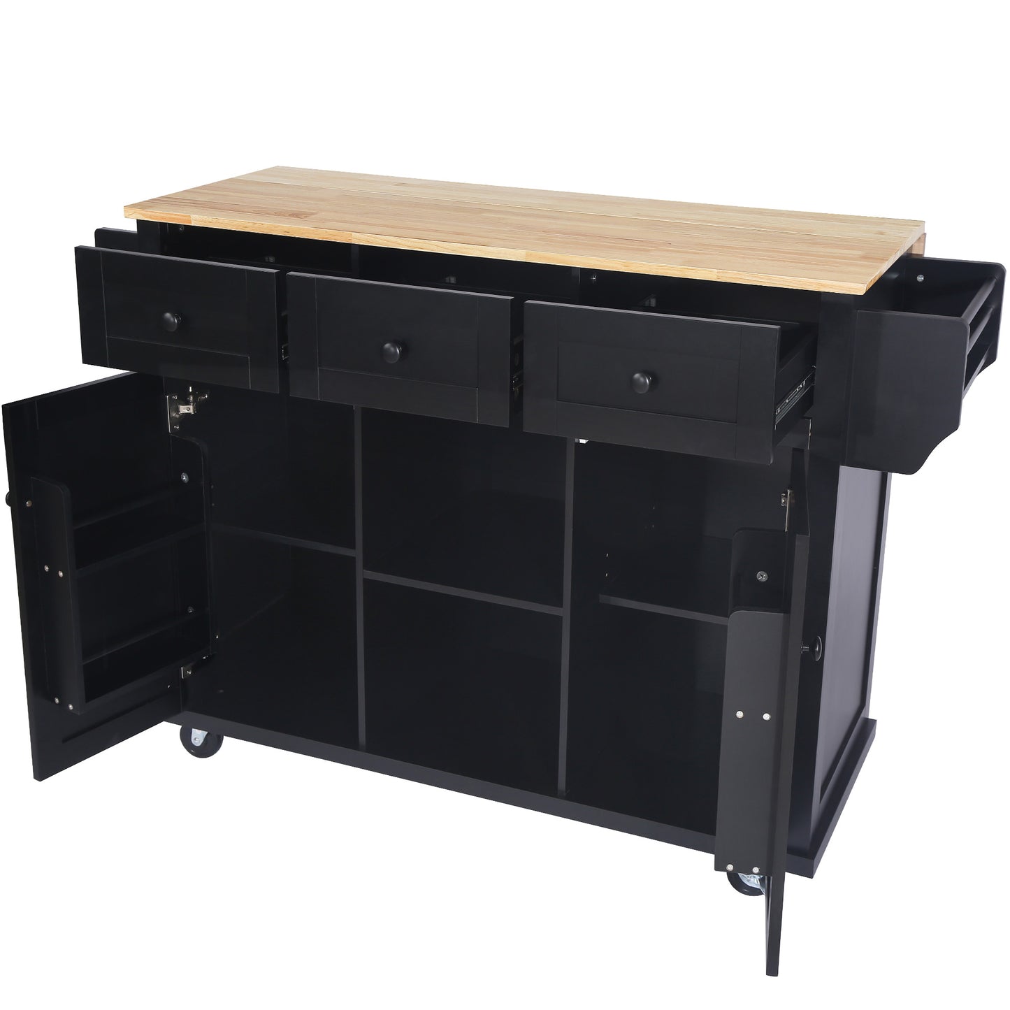 Kitchen trolley with rubber wood leaf countertop, 5-wheel kitchen island, storage cabinet and 3 dining drawers, black