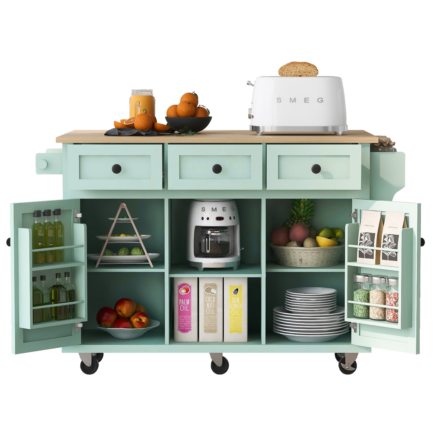 Kitchen trolley, cabinet door internal storage rack with storage cabinet and 3 dining room drawers, mint green