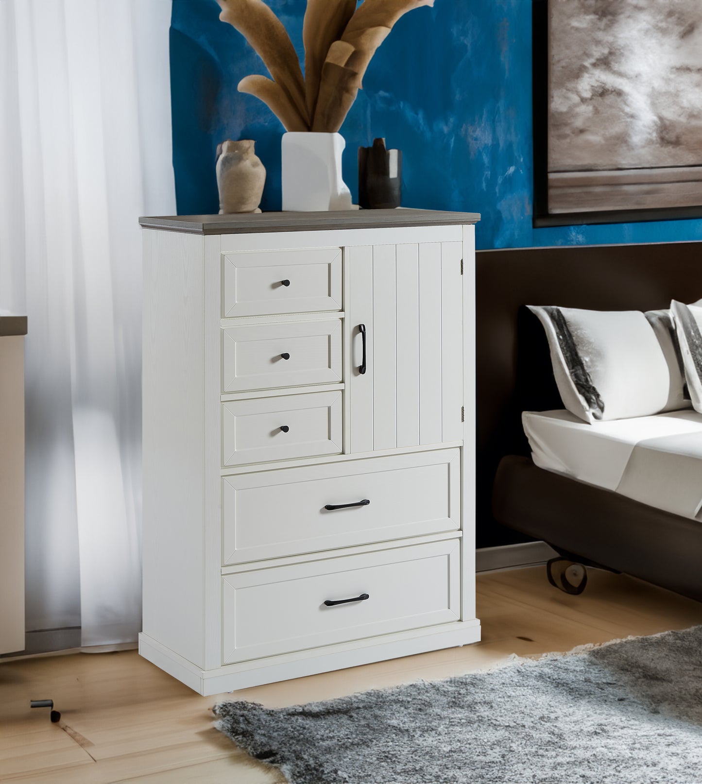 Farmhouse 5 drawer bedroom dressing table, high drawer cabinet white wooden bedroom dressing table.