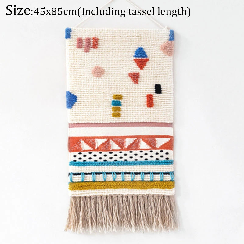 Hand Woven Tufted Tapestry Macrame Tassel Bohemian Wall Hanging Tapestries Boho Weding Wall Decor Apartment Dorm Room Decoration