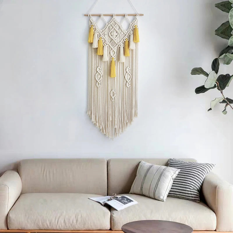 Macrame Wall Hanging Geometric Wall Art Decor Woven Tapestry Bohemian Home Decoration 90cmx45cm Beige and Yellow Large Size