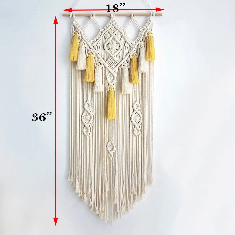 Macrame Wall Hanging Geometric Wall Art Decor Woven Tapestry Bohemian Home Decoration 90cmx45cm Beige and Yellow Large Size