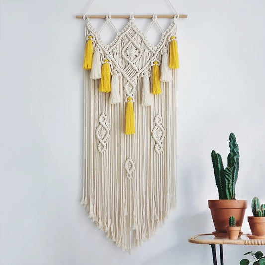 Macrame Wall Hanging Geometric Wall Art Decor Woven Tapestry Bohemian Home Decoration 90cmx45cm Beige and Yellow Large Size