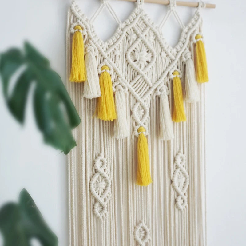 Macrame Wall Hanging Geometric Wall Art Decor Woven Tapestry Bohemian Home Decoration 90cmx45cm Beige and Yellow Large Size