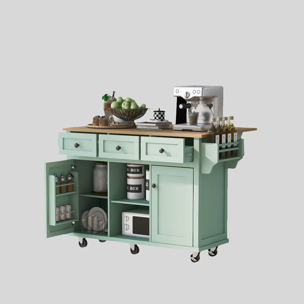 Kitchen trolley, cabinet door internal storage rack with storage cabinet and 3 dining room drawers, mint green